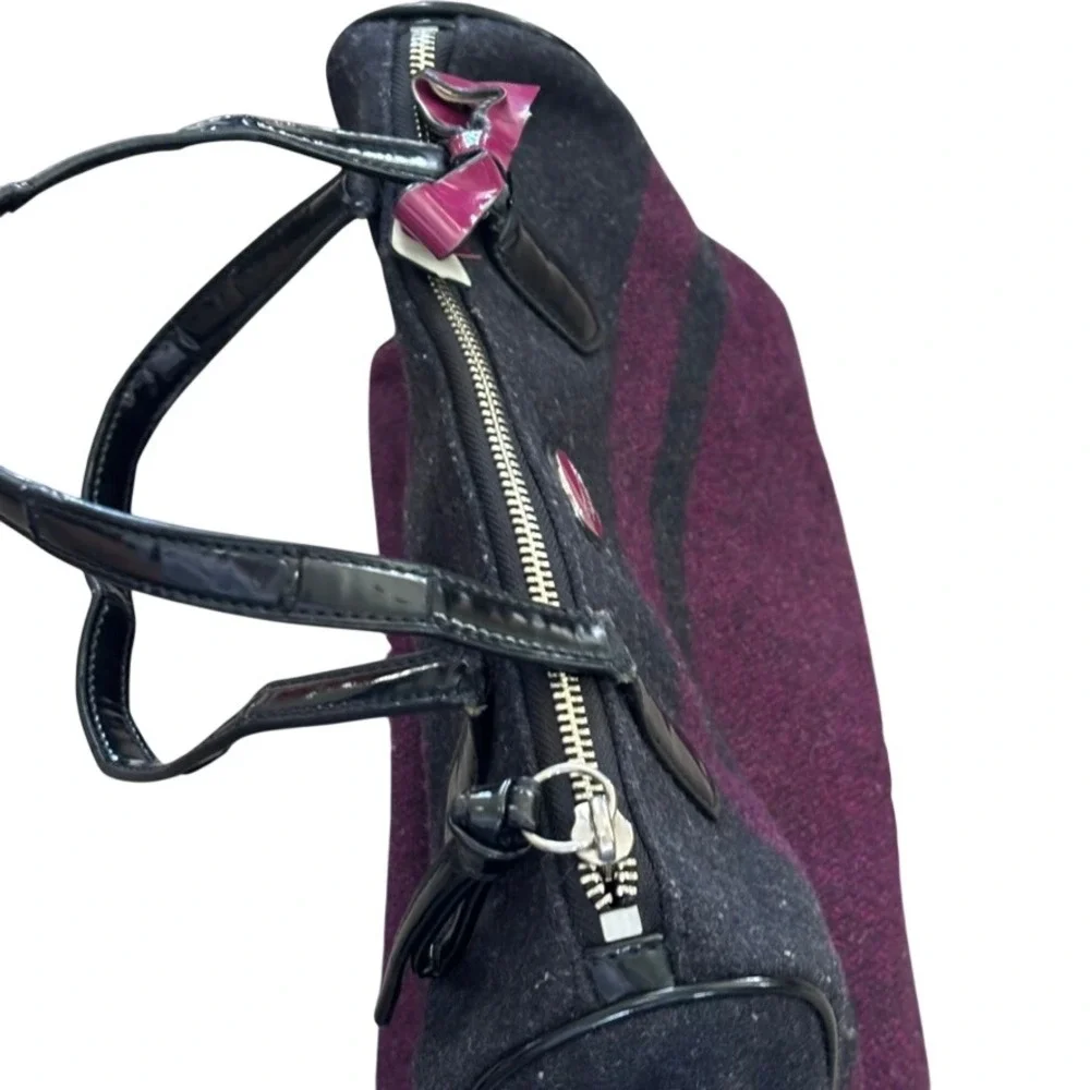 Coach Signature Wool Stripe Satchel‎ Passion Berry Charcoal F24784